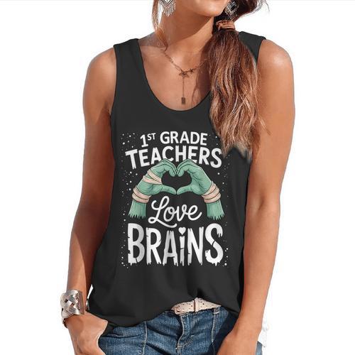 1st Grade Teachers Love Brains Shirt Halloween Teacher Flowy Tank - teacherstshirts.com AU