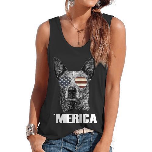4th July Blue Heeler Dog Merica Patriotic USA Flag Cute Flowy Tank - Bostonterriersmerch.com