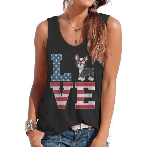 4th Of July Decor Patriotic LOVE Boston Terrier USA Flag Flowy Tank - Bostonterriersmerch.com