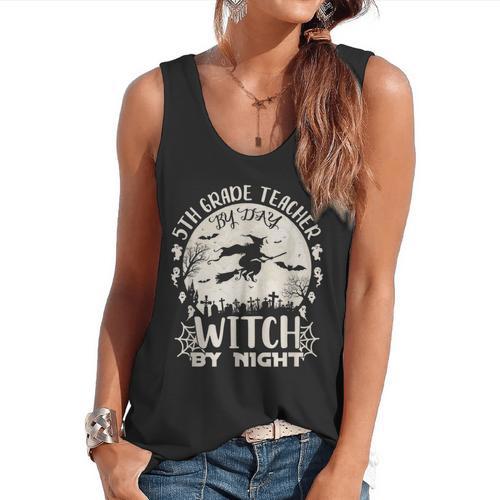 5th Grade Teacher By Day Witch By Night Halloween Flowy Tank - teacherstshirts.com