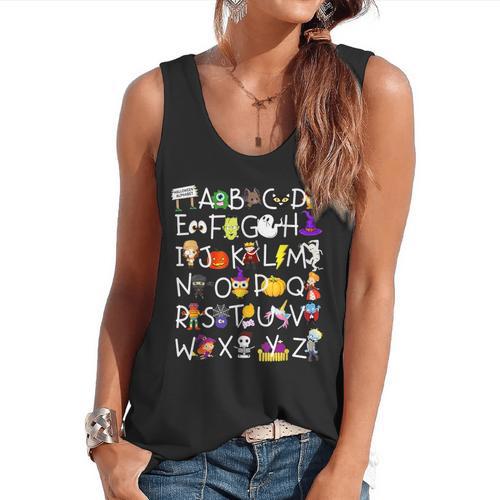Alphabet ABCs Halloween Characters Kindergarten Teacher Kids Flowy Tank - teacherstshirts.com AU