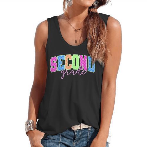 Back To School Neon Checkered Second Grade Colorful Teacher Flowy Tank - teacherstshirts.com AU