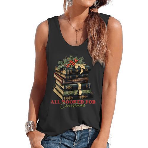 All Booked For Christmas Christmas Book Tree For Teacher For Men Women Kids Flowy Tank - teacherstshirts.com CA