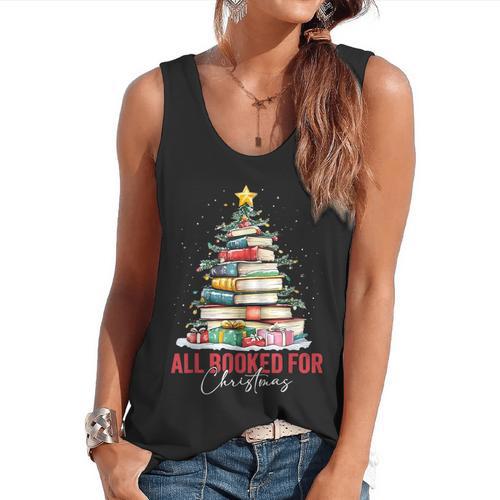 All Booked For Christmas Xmas Tree Teacher Holiday Pajamas Flowy Tank - teacherstshirts.com UK