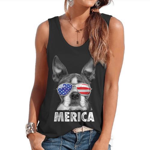 Boston Terrier 4th Of July Merica Men Women USA Flag Vintage Flowy Tank - Bostonterriersmerch.com