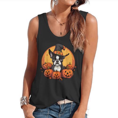 Boston Terrier Bostie Dog Breed Pet Halloween Pumpkins Flowy Tank - Bostonterriersmerch.com AU