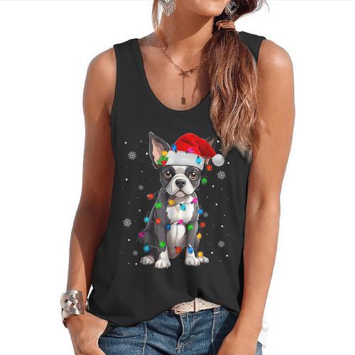 Boston Terrier Christmas Santa Hat Tree Lights Pajama Flowy Tank - Bostonterriersmerch.com