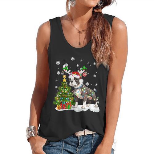 Boston Terrier Christmas Tree Lights Santa Hat Flowy Tank - Bostonterriersmerch.com