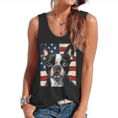 Boston Terrier Dog American Flag 4th Of July Patriotic Puppy Flowy Tank - Bostonterriersmerch.com
