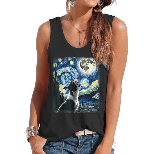 Boston Terrier Dog Art Van Gogh Starry Night Boston Terrier Flowy Tank - Bostonterriersmerch.com