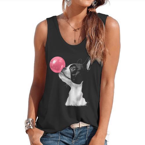 Boston Terrier Dog Blowing Chewing Bubble Gum Pink Flowy Tank - Bostonterriersmerch.com