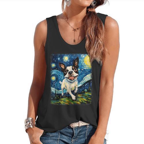 Boston Terrier Dog Starry Night Painting Flowy Tank - Bostonterriersmerch.com