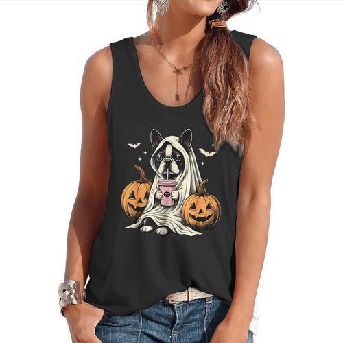 Boston Terrier Ghost Boo Halloween Costume Spooky Season Flowy Tank - Bostonterriersmerch.com