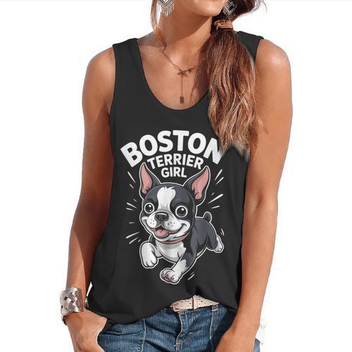 Boston Terrier Girl Cute Cartoon For Dog Owners Pet Terrier Flowy Tank - Bostonterriersmerch.com