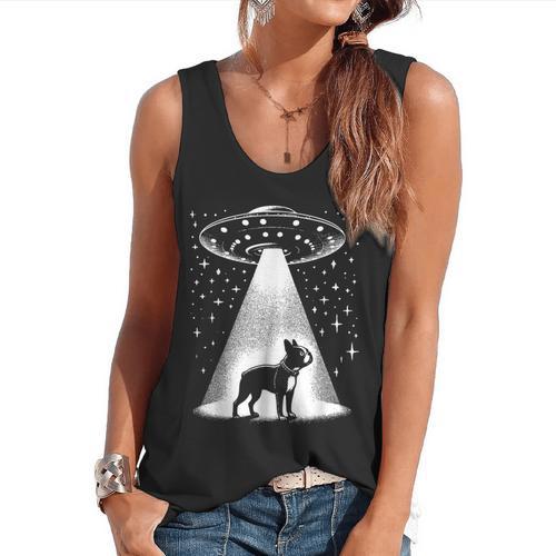 Boston Terrier Mom Dad Dog Alien UFO For Men Women Flowy Tank - Bostonterriersmerch.com