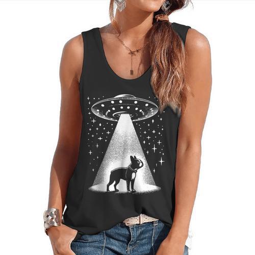 Boston Terrier Mom Dad Dog Alien UFO Flowy Tank - Bostonterriersmerch.com