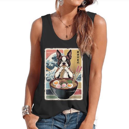 Boston Terrier Ramen Noodles Japanese Art Retro Ocean Waves Flowy Tank - Bostonterriersmerch.com