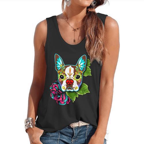 Boston Terrier In Red Day Of The Dead Sugar Skull Dog Flowy Tank - Bostonterriersmerch.com
