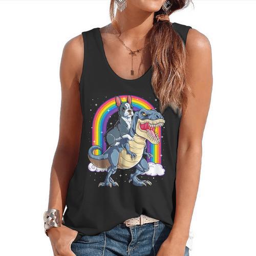 Boston Terrier Riding Dinosaur T-Rex Boys Kids Rainbow Flowy Tank - Bostonterriersmerch.com