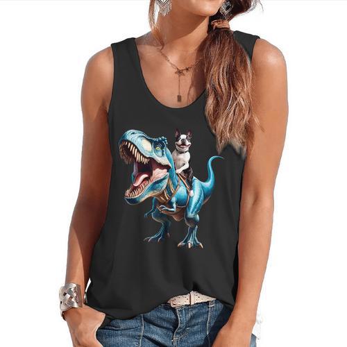 Boston Terrier Riding T-Rex Dinosaur Dog Lover Flowy Tank - Bostonterriersmerch.com