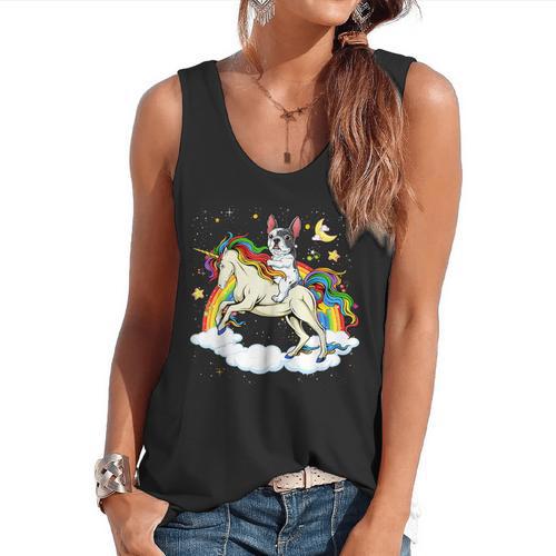 Boston Terrier Riding Unicorn Boys Girls Kids Rainbow Flowy Tank - Bostonterriersmerch.com