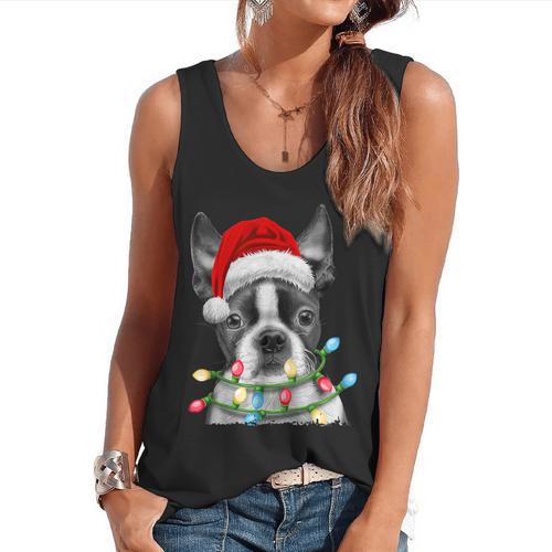 Boston Terrier Santa Christmas Tree Lights Xmas Boys Men Dog Flowy Tank - Bostonterriersmerch.com