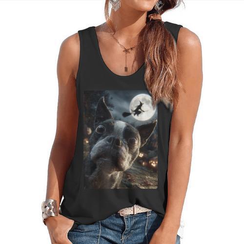 Boston Terrier Selfie Full Moon Flying Witch Halloween Dog Flowy Tank - Bostonterriersmerch.com CA