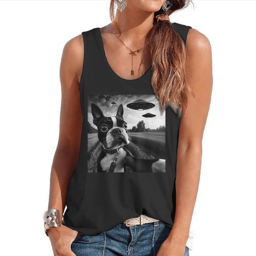 Boston Terrier Graphic Selfie With UFOs Weird Aliens Flowy Tank - Bostonterriersmerch.com