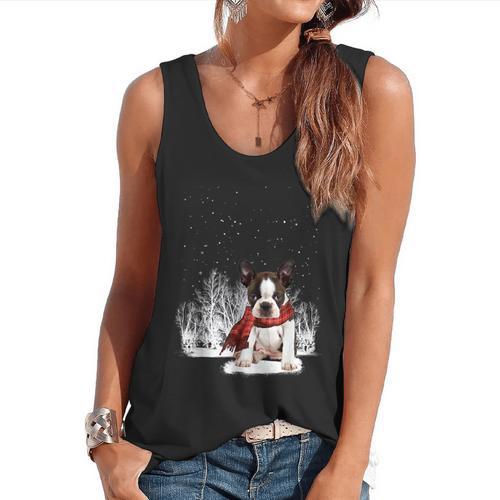 Boston Terrier In The Snow Merry Christmas Winter Flowy Tank - Bostonterriersmerch.com