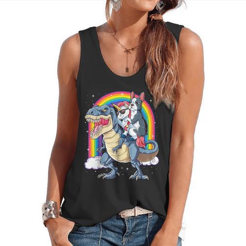 Boston Terrier Unicorn Riding Dinosaur T-Rex Girls Rainbow Flowy Tank - Bostonterriersmerch.com