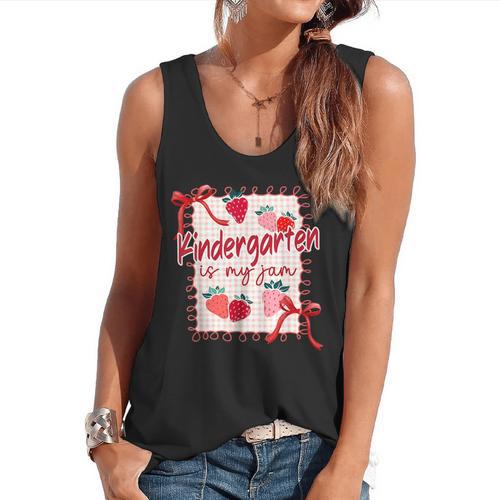 Bow Strawberry Kindergarten Is My Jam Teacher Kinder Team Flowy Tank - teacherstshirts.com CA