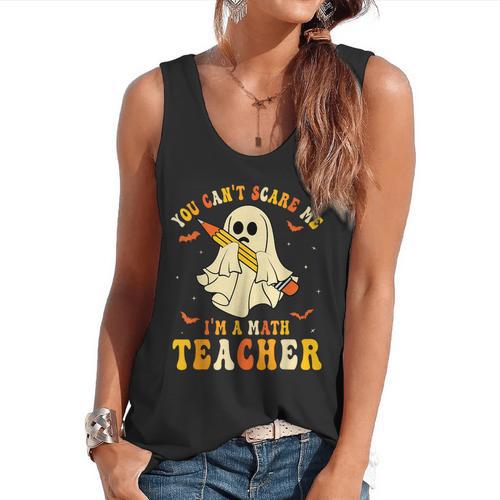 You Can't Scare Me I'm A Math Teacher Halloween Ghost Groovy Flowy Tank - teacherstshirts.com