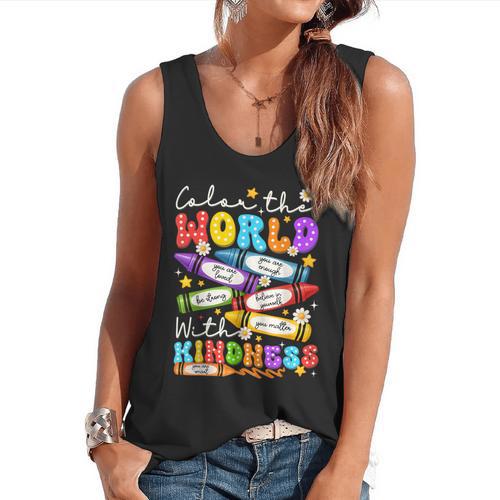 Color The World With Kindness Crayon Positivity Teacher Flowy Tank - teacherstshirts.com