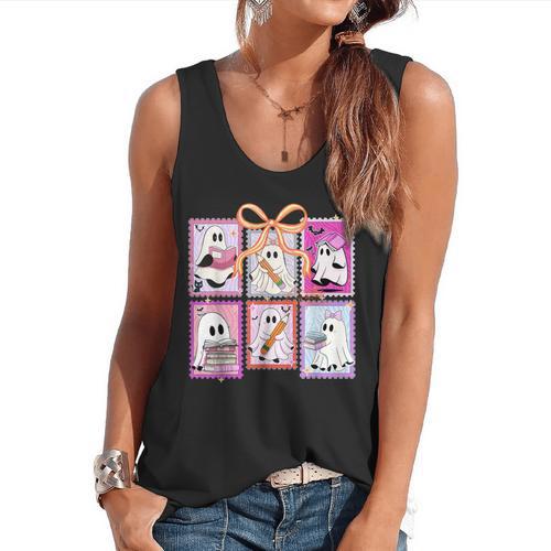 Coquette Bow Spooky Teacher Ghost Halloween Trick Or Teach Flowy Tank - teacherstshirts.com DE