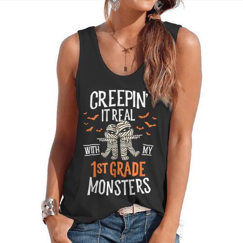 Creepin It Real With My 1st Grade Monsters Halloween Teacher Flowy Tank - teacherstshirts.com UK