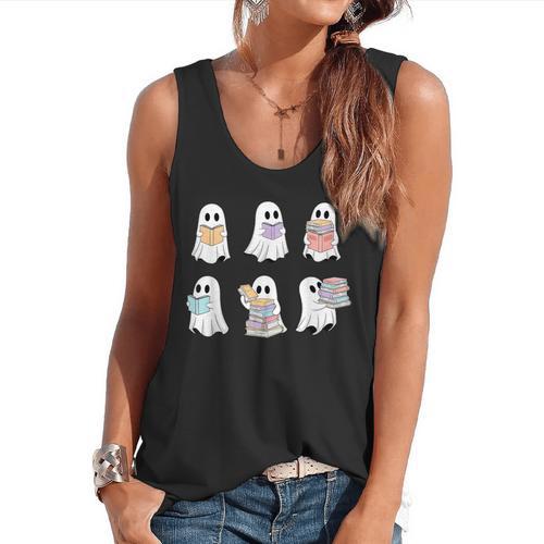 Cute Boo Ghost Reading Books Halloween Librarian Teacher Kid Flowy Tank - teacherstshirts.com UK