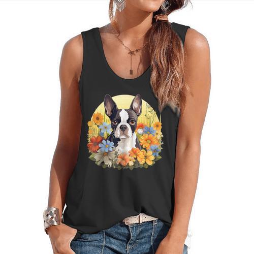 Cute Boston Terrier Spring Flower Garden Colorful Puppy Dog Flowy Tank - Bostonterriersmerch.com