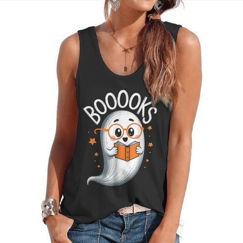 Cute Ghost Book Reading Halloween Teacher Flowy Tank - teacherstshirts.com