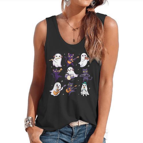 Cute Ghost Cat Playing Musical Halloween Music Teacher Flowy Tank - teacherstshirts.com AU
