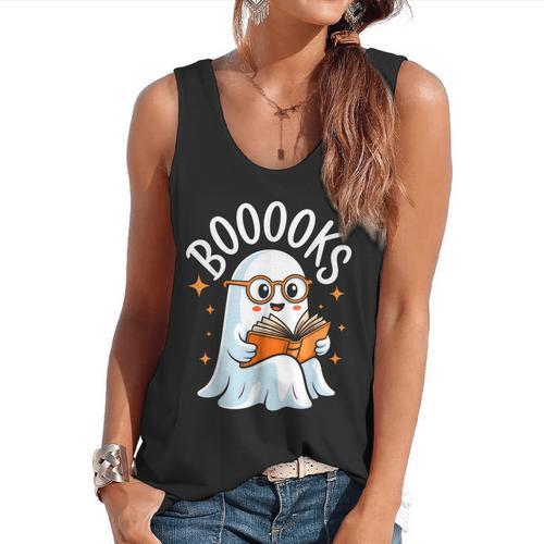 Cute Ghost Reading Book Librarian Teacher Halloween Costume Flowy Tank - teacherstshirts.com AU