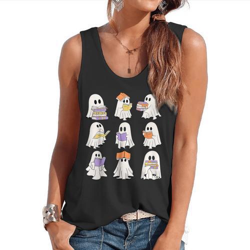 Cute Ghost Reading Books Teacher Halloween Reading Men Women Kids Flowy Tank - teacherstshirts.com DE