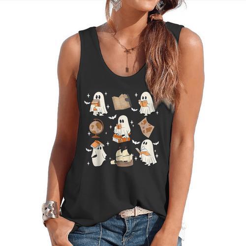 Cute Ghosts Reading Book Bookworm Halloween History Teacher Flowy Tank - teacherstshirts.com