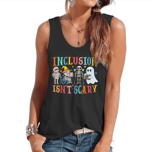 Cute Inclusion Isn't Scary Teacher Skeleton Ghost Halloween Flowy Tank - teacherstshirts.com CA