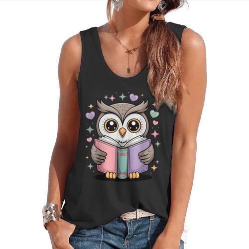 Cute Reading Owl Book Lover Teacher Librarian Bookworm Flowy Tank - teacherstshirts.com AU