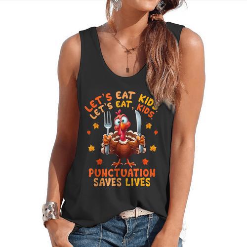 Eat Kids Punctuation Saves Lives Thanksgiving Turkey Teacher Flowy Tank - teacherstshirts.com DE