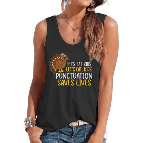 Lets Eat Kids Punctuation Turkey Thanksgiving Teacher Flowy Tank - teacherstshirts.com DE