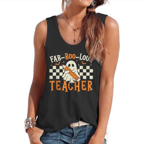 Fab Boo Lous Teacher Retro Ghost Spooky Halloween Costume Flowy Tank - teacherstshirts.com AU