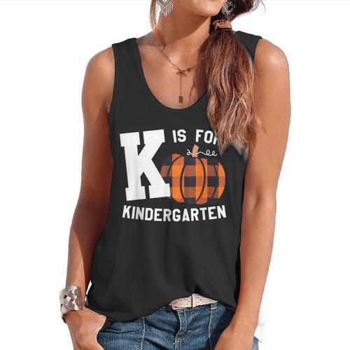 Fall Kindergarten Teacher K Is For Buffalo Plaid Pumpkin Flowy Tank - teacherstshirts.com