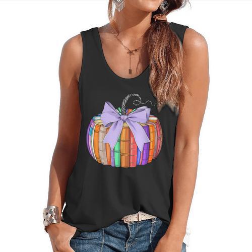 Fall Pumpkin Books Lover Halloween Teacher Teaching Staff Flowy Tank - teacherstshirts.com CA