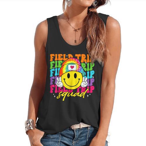 Field Trip Squad Groovy Field Day Smile Face Teacher Tie Dye Flowy Tank - teacherstshirts.com UK